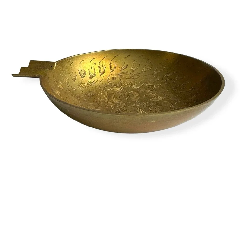 Vintage Mid‎ Century Brass Ashtray Cigarette Cigar India Ornate Marked Metal 4